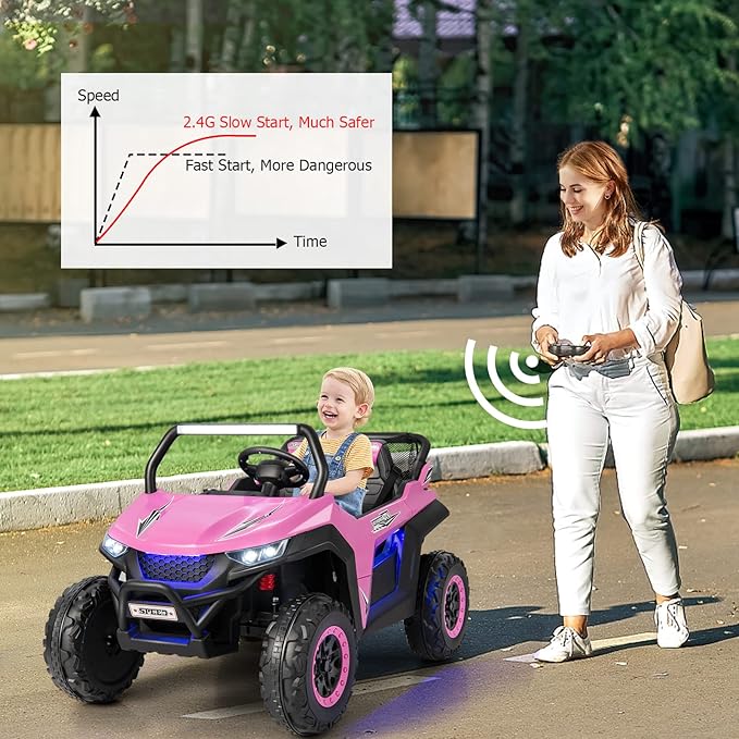 Costzon 2-Seater Ride on Car for Kids, 12V Kid' Electric Vehicles w/Remote Control, 4 Shock Absorbers, Wireless Music & FM, 3 Speeds, Ambiance Lights, Electric UTV, Kids Car for Boys Girls (Pink)