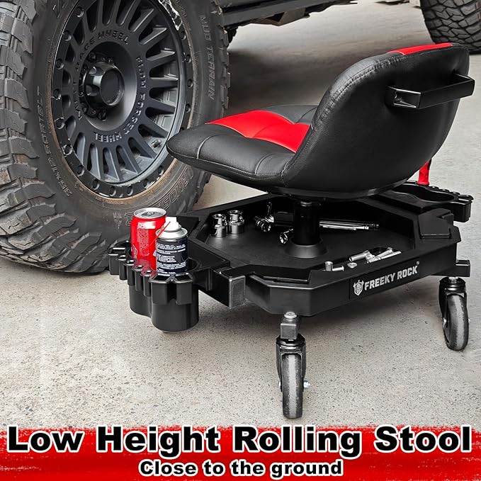 Rolling Stool with Wheels, Adjustable Height Pneumatic Garage Work Mechanic Stool Seat with Backrest, 400 LBS Capacity 360° Swivel Mechanic Crepper Chair with Tool Tray Storage, Red