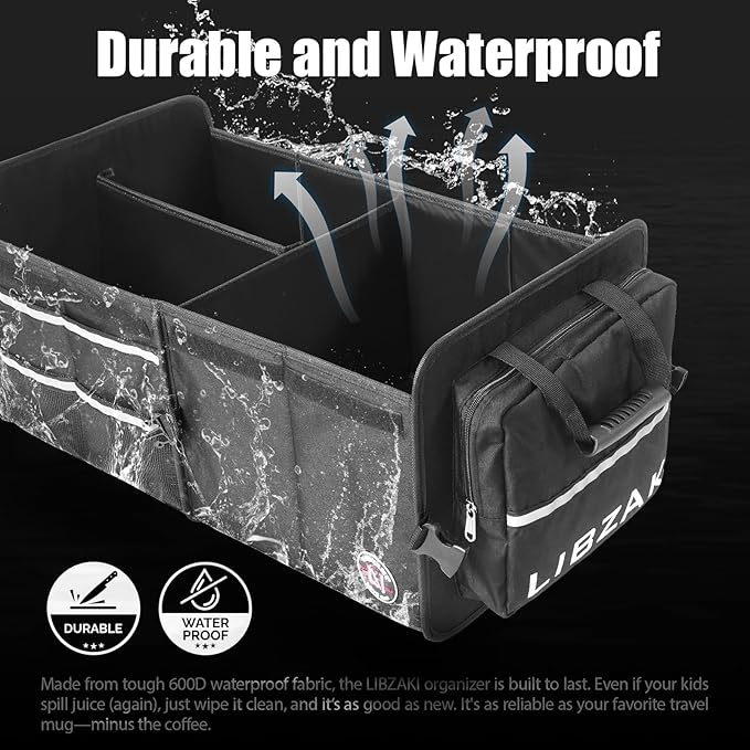 LIBZAKI Car Trunk Storage Organizer, Multi Compartment Collapsible Trunk Storage Box for Car Truck SUV-Black