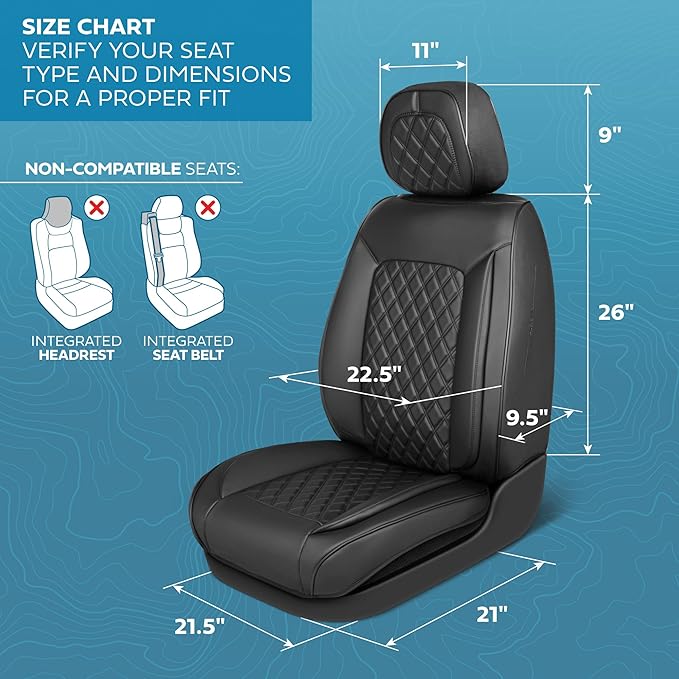 Elite Edition Faux Leather Seat Covers for Cars, Trucks, & SUV - 2 Black Car Seat Covers for Front Seats - Universal Fit Car Accessories Automotive Interior Cover Protector for Most Vehicles