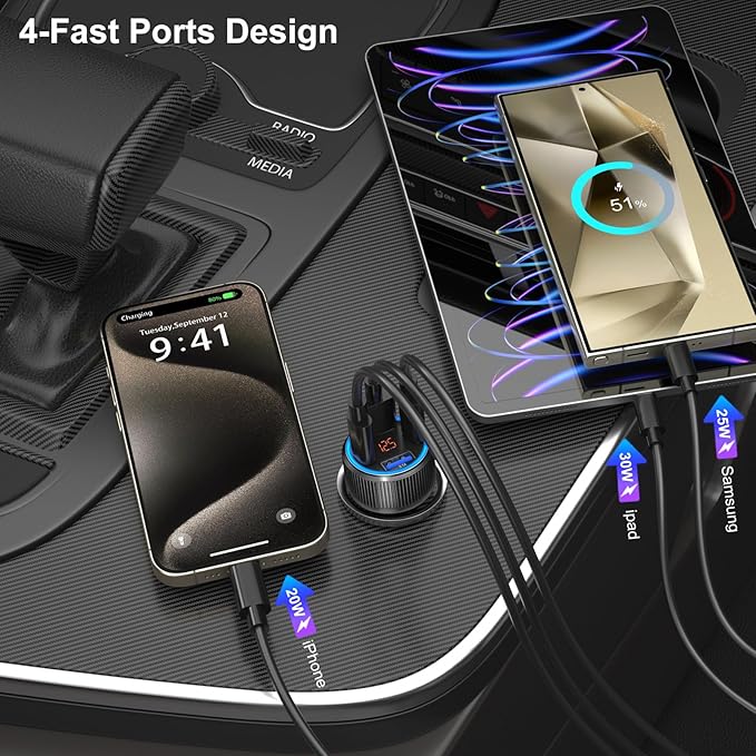 5 Pack USB C Car Charger, 4-Port 65W Car Power Adapter with Voltmeter QC+PD 3.0 Fast Charging Cigarette Lighter USB Charger for iPhone 16/15/14/13/12 Pro Max,Galaxy S25/S24,Android(Black)