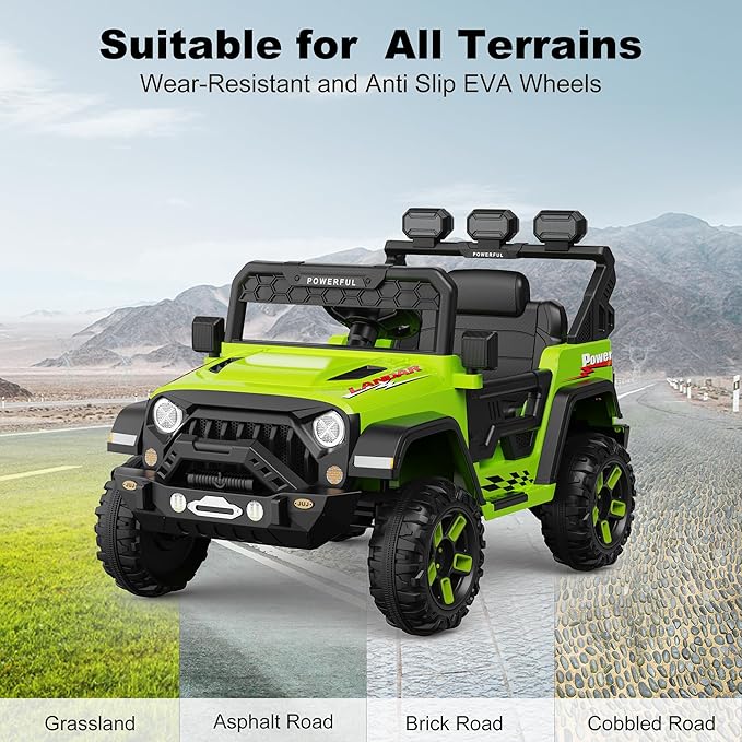 Kids Electric Vehicle, 12V Battery Powered Ride On Car with 2.4G Remote Control, Electric Car for Kids, 3 Speed Ride On Toy, Soft Start, LED Lights, Bluetooth, Green