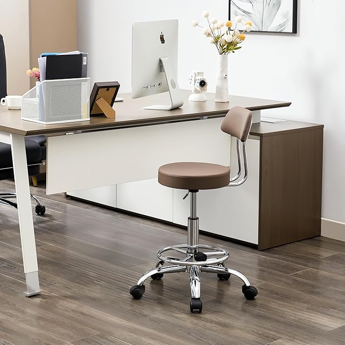 Office Drafting Chair (Rolling Office Stool) (Adjustable Height Footrest Massage Chair 19.56’’-26.6’’) Lab Stool with Back (Coffee Brown)