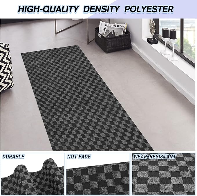 Custom Size Backed Non-Slip Area Rugs Runner, Easy Clean, Waterproof Runner Rugs for Hallway Entryway, Kitchen, Laundry, 3FT x 69FT, Gray Checkered