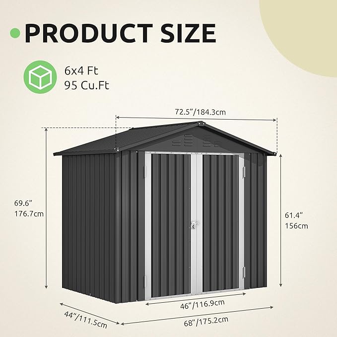 DWVO 6x4ft Storage Shed for Outdoors, Metal Sturdy Weatherproof Tool Locker with Secure Door and Ventilation for Equipment, Mowers, Bikes, Outdoor Spaces, Dark Gray