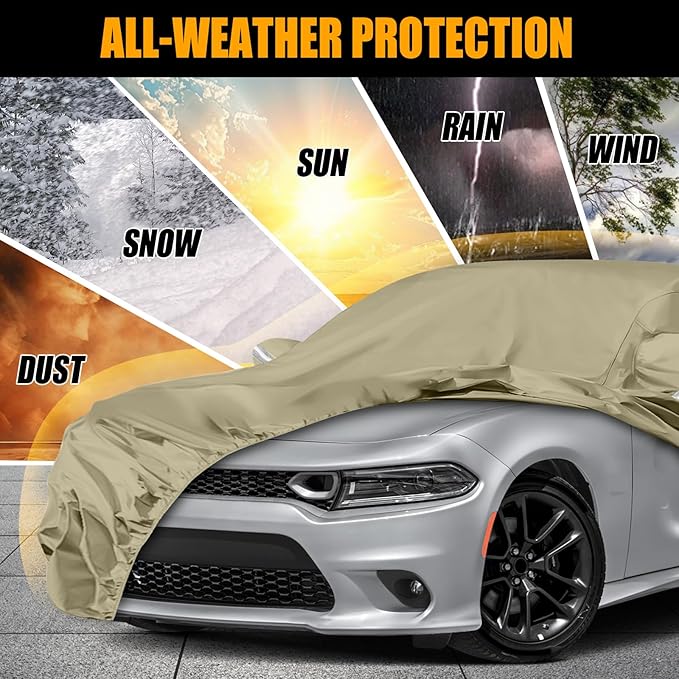 Waterproof Car Covers Replace for 2006-2025 Dodge Charger/Chrysler 300 300C, Multilayer Heavy Duty with Cotton Liner All Weather Car Cover with Zipper Door, Windproof Bands for Snow Rain Protection