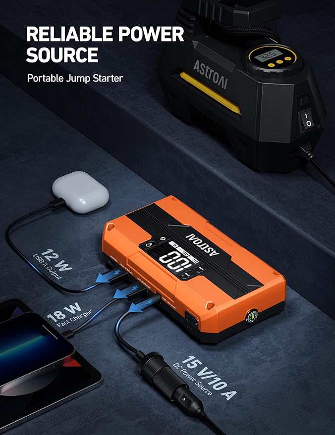 AstroAI T8 Car Jump Starter, 2500A 8-in-1 Jump Box for Car Battery, Up to 8.0L Gas & 5.0L Diesel Engine, 15200mAh QC 3.0 Power Bank, Informative LED Screen with Cigarette Adapter, Jumper Cable
