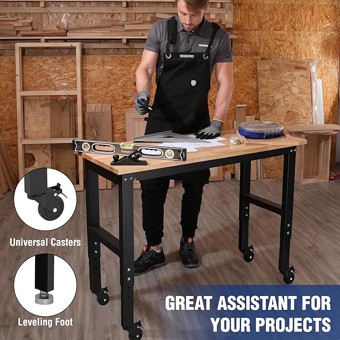 WORKPRO Garage Workbench, 48"X22" Adjustable Workbench with Wheels and Leveling Foot, Rubber Wood Top Work Desk with Power Outlets, 1500 LBS Workbenches for Garage, Workshop