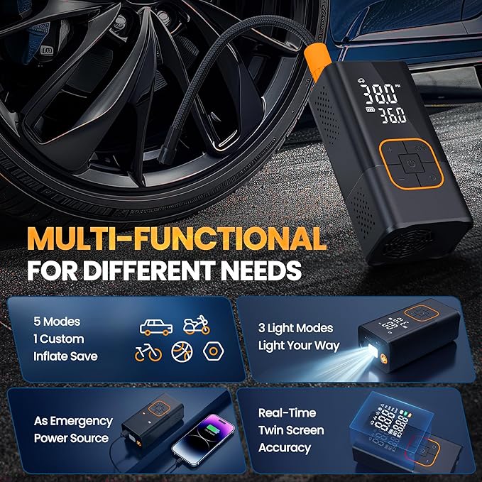 Tire Inflator Portable Air Compressor-150PSI Bike Pump, Portable Tire Inflator Cordless with Tire Pressure Gauge LED Lights, Air Pump for Car Tires, Bike, Motorcycle, Ball (Orange)
