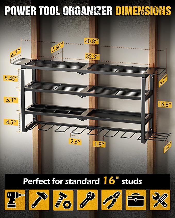 MAXIFFE 4 Layer Power Tool Organizer, 9 Drill Holder Heavy Duty Metal Wall Mount Cordless Tool Organizers and Storage Rack Holder for Garage Workshop Pegboard, Gifts for Men, Black, 32 inch
