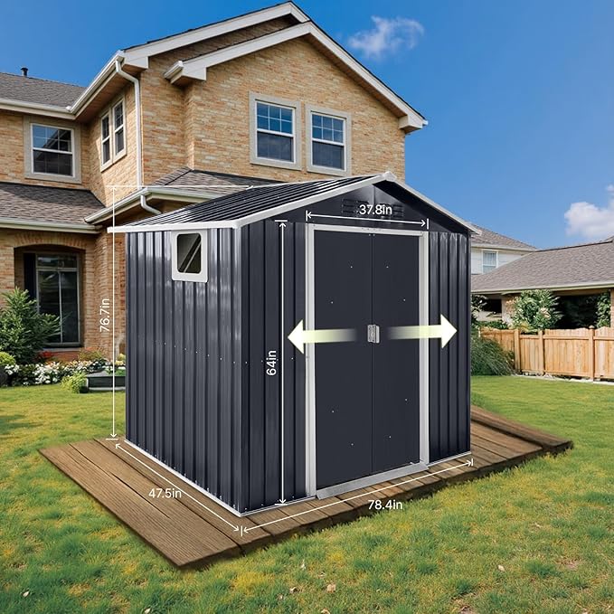 7x4.3 Ft Outdoor Storage Shed, Heavy-Duty Metal Shed with Windows & Secure Lockable Doors, Ideal Storage Shed for Outdoor, Patio, Garden, and Backyard, Anthracite