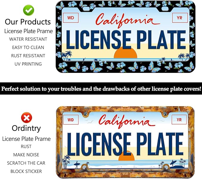Blue Flower Butterfly License Plate Frames - 2 Pack Beautiful Butterfly Stainless Steel License Plate Holder,Rust-Proof Waterproof Car Decorative Tag Frame with Screws Fasteners Caps