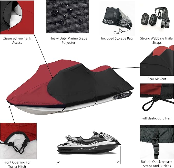 Trailerable Jet Ski Cover, Waterproof Marine Grade 600D Heavy Duty Polyester PWC Cover Burgundy/Black Fits from 136"-145" 3 Seater