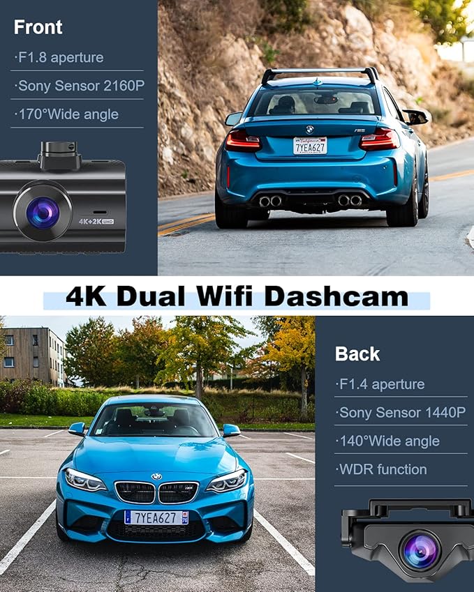 4K Dash Cam Front and Rear, Car Dash Camera Built-in WiFi GPS, Free 64GB Card, UHD 2160P Night Vision, WDR, 170°Wide Angle, WDR, 24H Parking Monitor