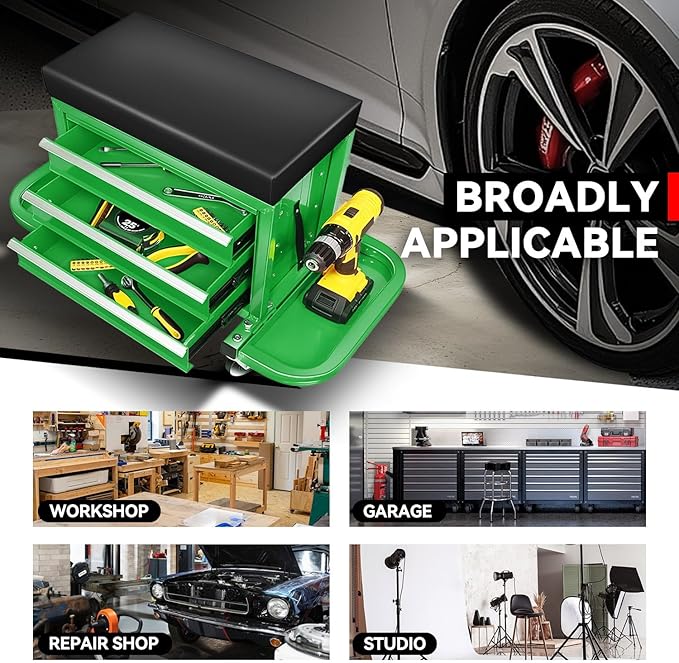 Auto Dynasty 3-Drawer Mechanic Rolling Seat, 350 LBS Capacity Roller Garage Shop Seat with Storage Tool Tray for Workshop, Repair Shop, Warehouse, Green