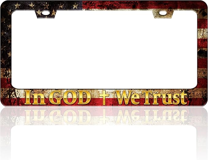 in God We Trust License Plate Frame Cross American Flag for Front or Rear Car Tags Stainless Steel License Plate Holder Funny Car Decoration with Screws 6.3 X 12.2 in