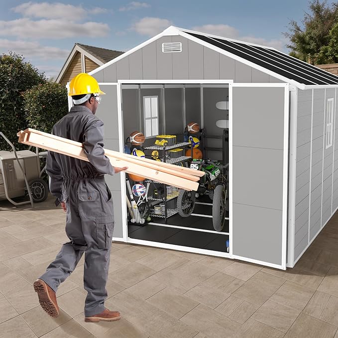 MyVoice 10x8 FT Outdoor Resin Storage Shed with HD Window, Rustproof Waterproof Garden Tool Shed, 12mm Thickened PP Panels, Large Capacity Outdoor Utility House for Backyard Patio (with Floor)