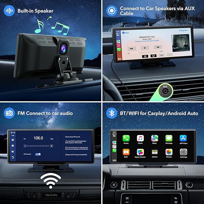 LAMTTO 9.26" Wireless Carplay and Android Auto with 2.5K Dash Cam, 1080P Backup Camera, Portable Touchscreen GPS Navigation for Car, Car Stereo Receiver with Bluetooth,AirPlay,AUX,FM,Googel,Siri