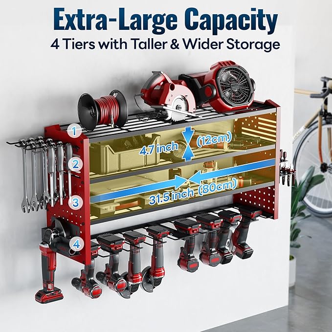 Tomorotec Wall-Mounted Power Tool Storage Rack for Drill, Toolbox & Accessories, Heavy-Duty Steel Organizer with Side Hooks and Adjustable Shelves, Easy Installation Garage & Workshop Storage (Red)