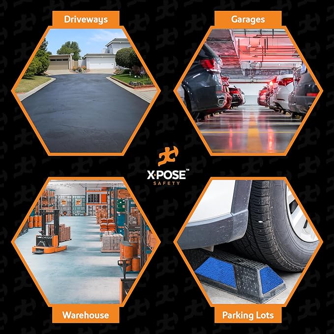 Xpose Safety 72" Heavy Duty Rubber Parking Stopper – 6 Pack Wheel Blocks for Garage, Driveway, or Ramp – Car Bumper Stop with Blue Reflective Strips – Removable Floor Mount