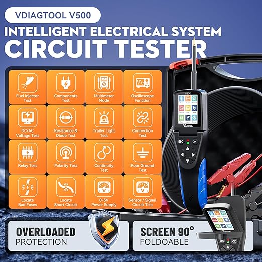 VDIAGTOOL V500 Automotive Power Circuit Probe Tester Kit, 9-30V Car Electric Circuit Tester, Short/Open Circuit Finder, Oscilloscope/Multimeter/Injector/Relay Tester, Component/Fuse/Trailer/AC/DC Test