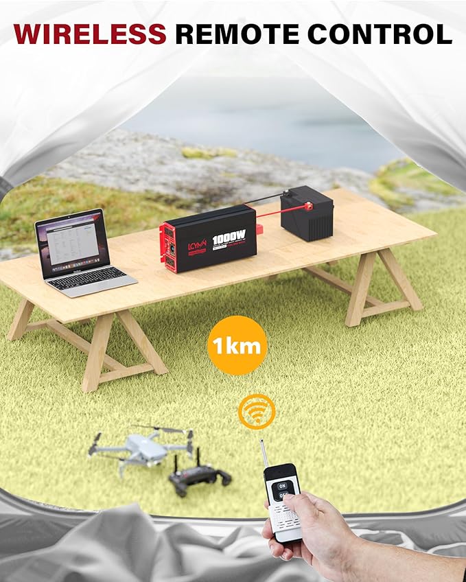 1000 Watts Pure Sine Wave Power Inverter 12V DC to 110V 120V AC Converter for Home RV Off Grid Truck Solar System Inverters with Type-C PD30W USB QC3.0 Port 2 AC Outlets LCD Display and Remote Control