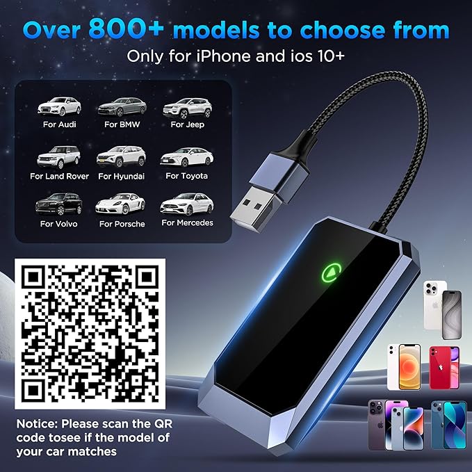 Wireless Carplay Adapter, Converts Wired to Wireless carplay Adapter for iPhone, Wireless Control Plug & Play Carplay for Cars from 2017 & for Apple iPhone iOS 10+