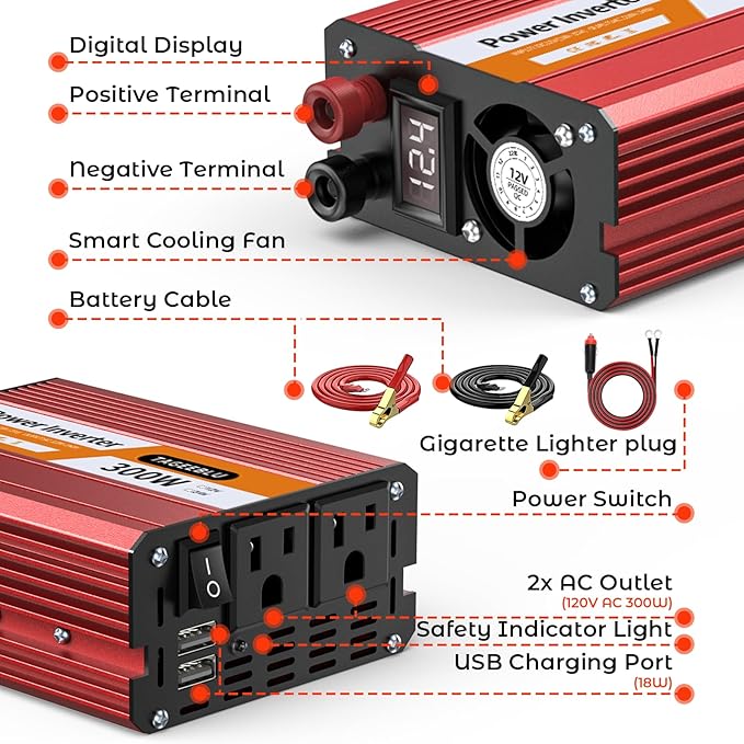 300W Power Inverter DC 12V to 110V AC Car Inverter with 4.2A Dual USB(18W) Charging Ports, Dual AC Adapter for Laptops
