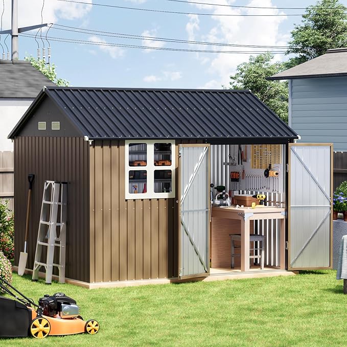 8x10 FT Outdoor Metal Storage Shed, Single Door, 1 Clear Window, Tool Shed for Garden, Patio, Backyard Brown