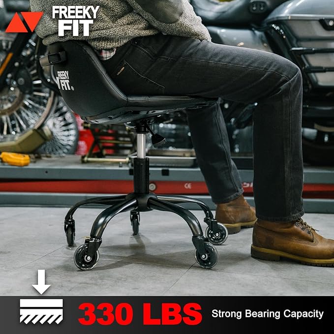 Rolling Stool with Wheels, Garage Shop Stool with Backrest, Roller Seat with Pneumatic Adjustable Height 16.93"-19.69", Heavy Duty Multi-Purpose Chair for Shop Salon Office Home, Blue