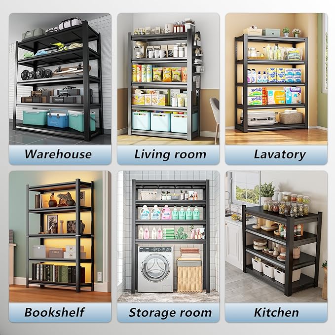 【Industrial Metal Adjustable Storage Shelving Units】Heavy Duty Steel Wire Rack for Garage, Basement, Shed & Kitchen - Standing Organizer Shelf with Black Finish - Tool Pantry Utility Storage Solution