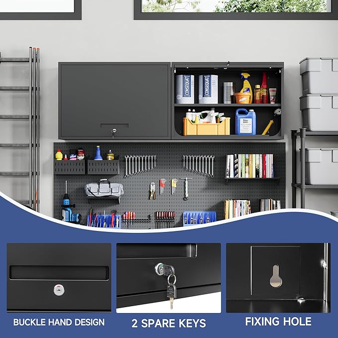 Metal Wall Cabinet with Locking Door and Shelf, Hanging Garage Cabinets with Up-Flip Doors for Garage, Warehouse, Home, Office, Assembly Required (Black, One Cabinet)
