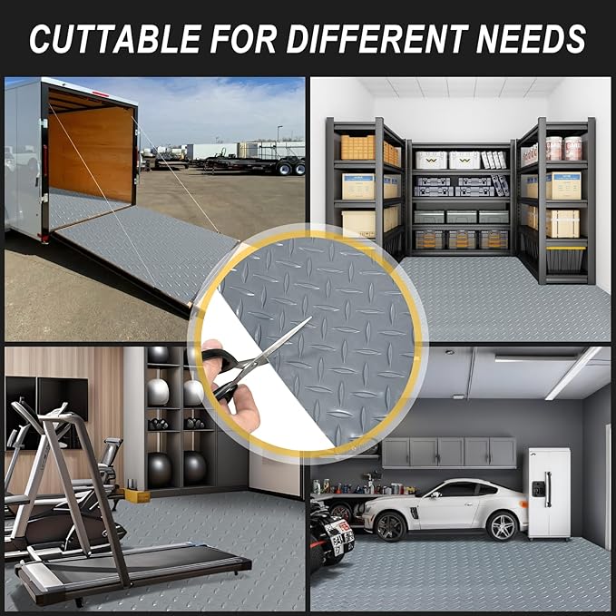 4x10FT Garage Floor Mat, 2.8mm Thickened Flooring Roll for Under Car, Golf Cart Parking Mat, Diamond Plate PVC Rubber Motorcycle Mat, Non-Slip Floor Protector for Garage Warehouse Trailer, Grey