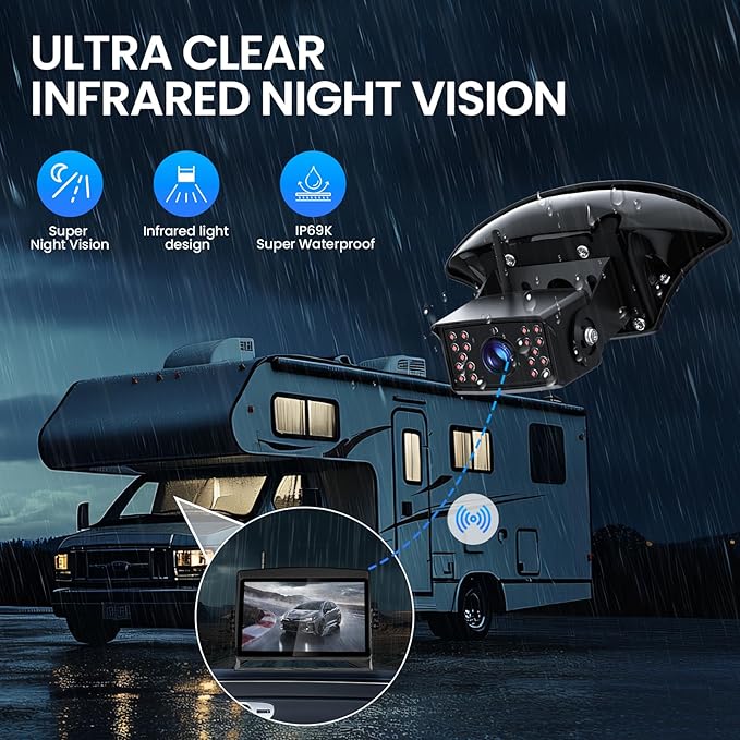 RV Backup Camera, Vehicle Backup Cameras with 7-Inch Touchscreen Monitor, Wireless HD 1080P, 4-Channel System, IR Night Vision, Waterproof Rearview Camera for RV, Truck, Van, SUV, Trailer