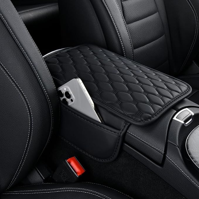 Car Center Console Cover, Leather Car Armrest Cover Cushion with 2 Storage Bags Universal Car Armrest Storage Box Pad Comfortable Car Decor Accessories Fit for Most Cars, Vehicles, SUVs (Black-2)