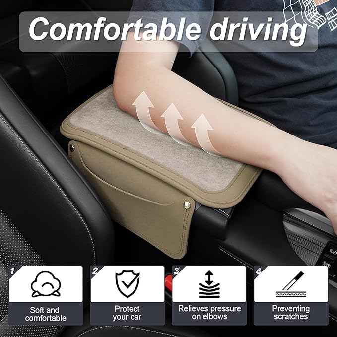 SINGARO Car Leather Center Console Cover with 2 Storage Bags, Universal Furry Fluffy Car Armrest Seat Box Pad, Comfortable Car Interior Accessories, Fits for Most Vehicles (White)