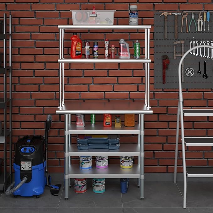 Amgood 18" x 36" Stainless Steel Work Table with 3 Shelves and 12" Wide Double Tier Overshelf | Metal Kitchen Prep Table & Shelving Combo | NSF