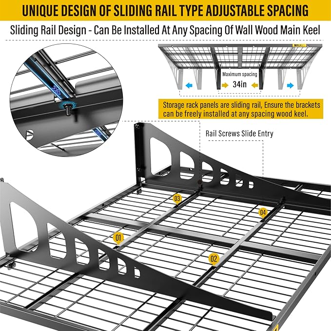 2x3ft Adjustable Rail Wall Garage Storage Shelf, for Tool Room, Storage Room, Store Supermarket Wall Storage Shelving Rack (4 Pack-Black)