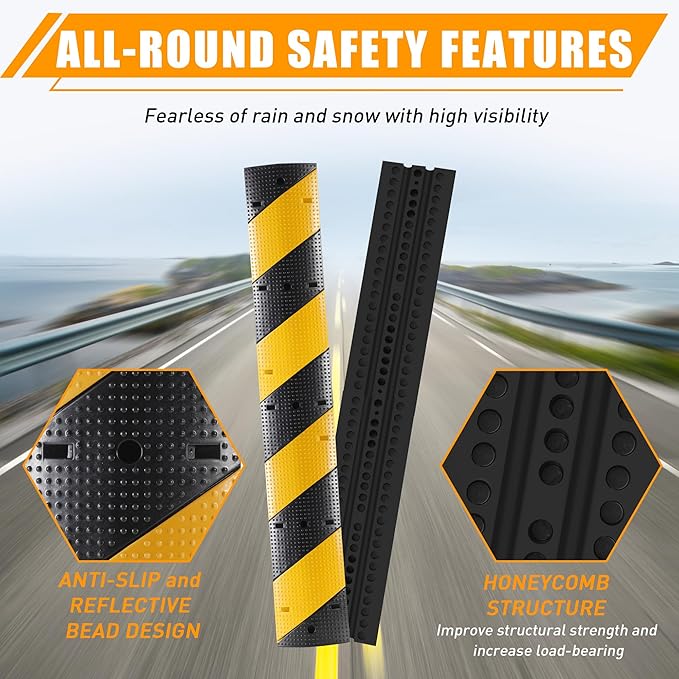 Rengue 39.3" Rubber Speed Bump, Pack of 2 Total 78.6'' Heavy Duty, Humps Rated 66000 LBS Load Capacity, Speed Humps with 6 Bolt Spikes Anchors for Asphalt Concrete Gravel Driveway