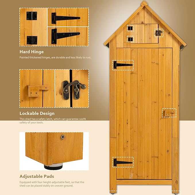 30.3" L X 21.3" W X 70.5" H Outdoor Storage Shed with Waterproof Roof, Solid Fir Wood Frame, and 3 Compartments for Garden Tools, Mower, and Hose,Natural Wood