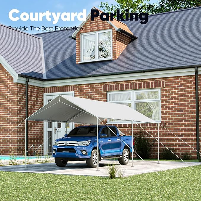 Quictent 10x20 ft Heavy Duty Car Canopy Galvanized Frame Carport Outdoor Party Tent Boat Shelter with 3 Reinforced Steel Cables - Gainsboro