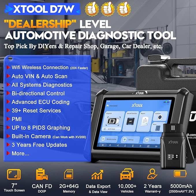 XTOOL D7W Wireless OBD2 Scanner Diagnostic Tool 2025 Upgraded Ver. of D7, Bidirectional Scan Tool, ECU Coding, 39+ Resets, CAN FD & DoIP, All System Scanner for Car with 3-Year Update