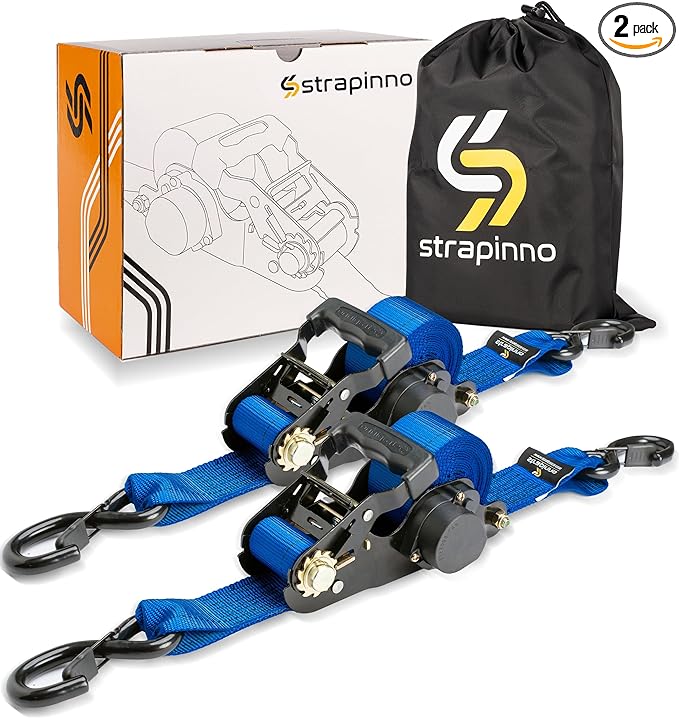 Strapinno 2PCs Retractable Ratchet Tie-Down Straps,5,000 lbs Breaking Strength- 2 in x 12 ft Heavy Duty Ratchet Strap with Safety Lock S Hooks for Motorcycles, ATVs, UTVs, Lawn Equipment & Cargo -Blue
