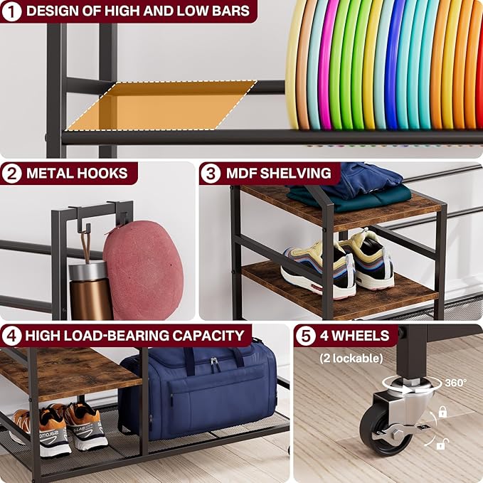 Portin 5 Tier Disc Golf Storage Rack, Disc Station Organizer with Hooks and wheels, Disc Golf Shelf for Storing Sports Equipment Accessories, Disc Golf Bag Basket Organizers for Home Garage Basement