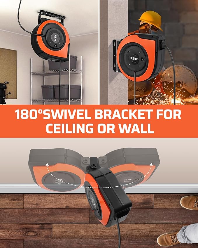 DEWENWILS Retractable Extension Cord Reel, 75 FT Heavy Duty Power Cord, 14/3C SJTOW, Lighted Triple Tap Outlets, 10A Circuit Breaker, Wall/Ceiling Mounted for Garage, Workshop, UL Listed