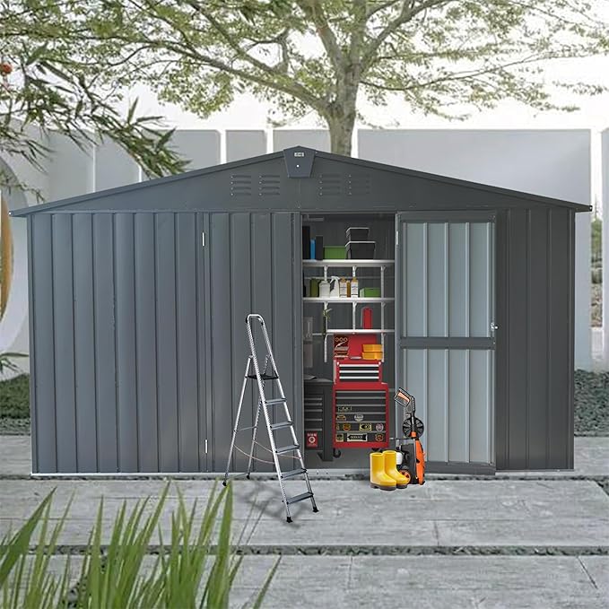 IKERY Extra - Large Galvanized Steel Storage Shed - 11' x 12.5' with Windows and Lock, Garden and Utility Tool Shed for Backyard and Patio, Dark Gray