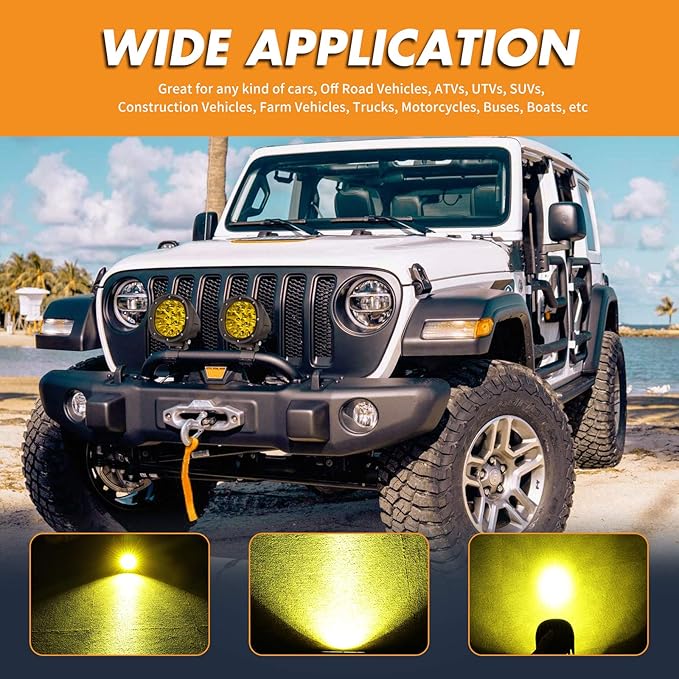 YCHOW-TECH 2PCS 4 Inch LED Amber Fog Lights 90W Yellow Round Offroad Light Bar Flood Beam Off Road LED Pods Bumper Ditch Lights Driving Work Light for Truck Boat Pickup ATV UTV SUV