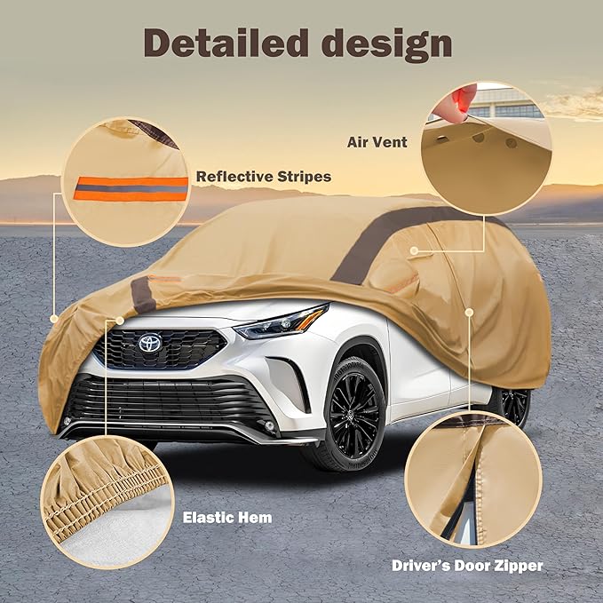 Highlander Car Cover Waterproof All Weather Compatible with Toyota Highlander 2007-2024, Outdoor Dustproof Anti-UV Sun Rain Protection Full Exterior Cover(Camel with Brown)