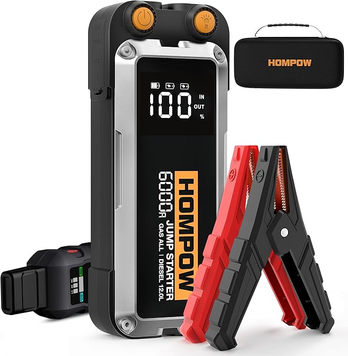 Jump Starter, 6000A Peak Portable 12V Car Battery Charger for All Gas and Up to 12L Diesel Engine, 28000mAh Jump Box with LED Light, USB, and LCD Screen