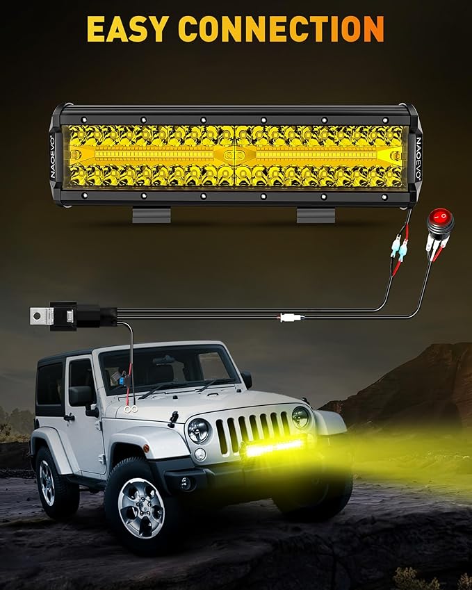 NAOEVO 12 Inch LED Light Bar, 300W 30000LM LED Offroad/Driving/Fog Lights with Wiring Harness Kit, Spot Flood Work Lights for Truck UTV ATV Golf Cart Boat, 1 Pc (Yellow)